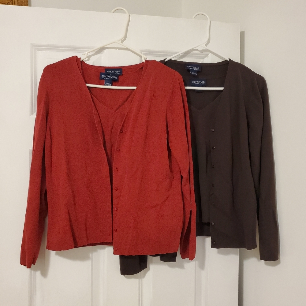 Ann Taylor Sets-Tank Tops & Button Up Cardigan Sweaters Red & Dark Brown Silk